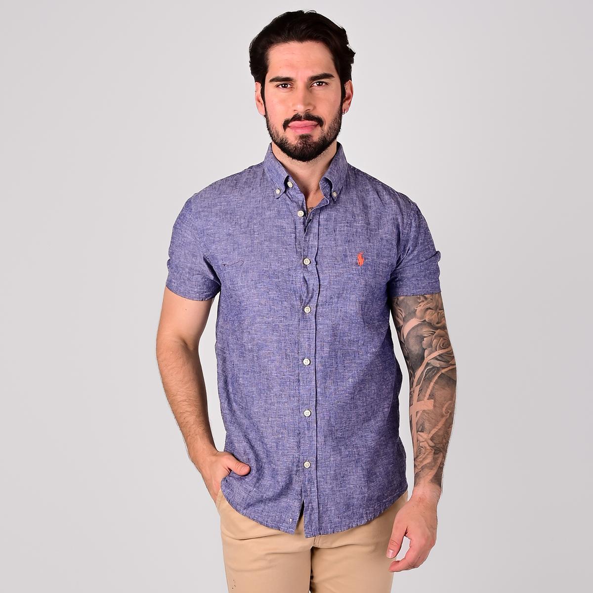 Camisa de Linho Custom Fit Marinho Mescla Manga Curta Polo Ralph Lauren